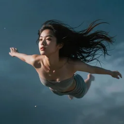 a thin, pretty young Filipino woman with long hair floats dramatically in the air in a dreamy world in the distance, her face is shaded, very beautiful, inspiring, dramatic lighting, abstract digital art, trending on artstation