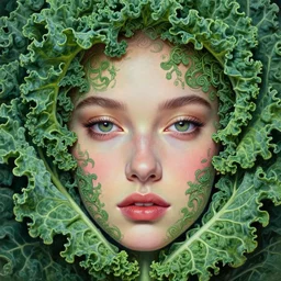 beautiful face comprised of kale. intricate detail, high quality, digital painting, hyperrealistic, by gaston bussiere, j. c. leyendecker, craig mullins