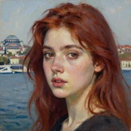 a girl with dark red hair and brown eyes in Istanbul oil painting