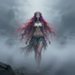 beautiful digital art of the wondering ghost princess, colourful long hair, travelling through misty planes, intricate details, detailed face, lonely, bikini, short fantasy dress, artstation, epic pose, cinematic light, view from the distance, by rembrandt, artgerm, marco bucci