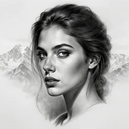 tattoo design sketch of an extremely beautiful woman face and a faded background of beautiful mountains on her side, hyper - realistic,, in the style of matteo pasqualin, amazing detail, black and white, faded