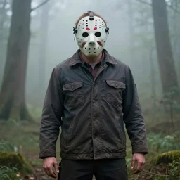 A still image of Jason Voorhees in the woods foggy very detail 4K quality super realistic