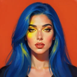 portait of haifa wehbe, perfect lips, long hair blue yellow centred, hd, digital painting, unreal engine, final fantasy style, amazing red orange background theme