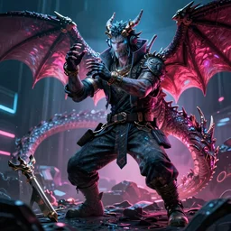 cyberpunk wizard summoning a dragon, fine detail, 4 k, neon lighting, realistic shadows