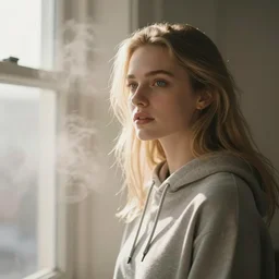 very very beautiful photograph of emily skinner looking like annie leonhart in a hoodie standing next to a window god rays shining on her from the sunlight, volumetric fog, smoke, depth of field, beautiful composition, very very very beautifull face, on artstation and instagram, ray tracing