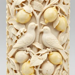 a intricate ivory carving sculpture with birds and lemons and jungle leaves, ornate, complex, highly detailed, fine detail