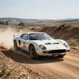 lamborghini Countache rallycar sliding through a dirt road at high speed