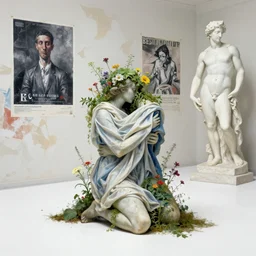 kneeling figure in on white pavement, painterly, interior of bus stop, peeling posters on wall, flowers and plants growing from figure, by lisa yuskavage, francis bacon, zdzislaw beksinski, james jeantwo figures intertwined with flowing cloths covering them, marble sculpture, geovanni strazza, bernini, greek, studio lighting, bright
