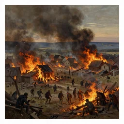 burning town pillaged by bandits, art by rebecca guay