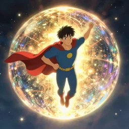 illustration of a super hero flying over glowing sci fi dome, studio ghibli, ultra hd