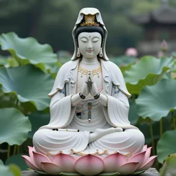 a 1 0 0 0 armed quan yin robot sitting in prayer in the lotus garden, digital art h 9 6 0