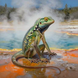 highly detailed oil painting of a lizard man sitting in a steaming colorful hotspring in yellowstone national park, featured on artstation