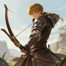 detailed sharp virtuosic styled of a fantasy ranger with leather armor using a big bow , well lit, digital art, beautiful painting, award winning, pixiv, high quality, anime visual, 4k hd, ranking number 1 on pixiv.