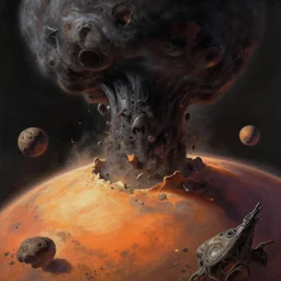 oil sci fi painting of planet mars destroyed by huge dark matter imposion, octane rendering, trending on artstation, by, studio ghibli, michael whealan and james gurney