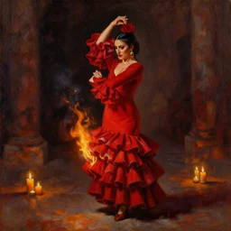 detailed oil painting of spanish flamenco dancer in mallorca wearing a red dress caught on fire, dimly lit by candles on the ground, looking away, dark shadows, ethereal, slr, 4 k, high definition