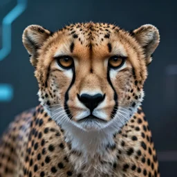 a cheetahs head, front view, cyber punk, 4 k, ultra realistic, octane rendering