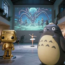 fuji 5 0 r, zaha hadid style wide shot ; hyperrealistic closeup hublot in totoro film still of courtyard interior with window view ; in the background projection of beautiful xenomorph matrix film still of gold funko pop ballerina statue scene, eye contact ; in style of 1 9 9 0 frontier in extreme closeup porcelain photography architectural studio edition, hyper detailed, cinematic lighting, 8 k