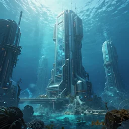 futuristic undersea city with massive glass buildings and swimming first, hyperrealistic 8k emissive beautfiul artstation portfolio trending Ryan Church concept mist cyberpunk 2077 hardsurface modeling