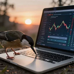 a very close - up birds pecking at a laptop, laptop shows stock market chart on screen, sunrise in the horizon, in concept art of main menu loading screen background. for english mmorpg king's bounty by katauri, high fedlity, by a chinese freelance artist, artstation, behance, style of hearthstone