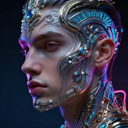 a highly detailed long shot photo of intricate masculin male face portrait, futurism, rococo cyber neon lighting, detailed futuristic fibonacci jewelry, profile posing, hyper photorealistic, crispy quality, digital photography, trending in pinterest, cinematic, 4 k ultra hd, art by pascal blanche, art by greg rutkowski, art by artgerm,