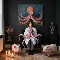a female pathology student in her apartment, wrapped in octopus, candles, pig, black walls, ikebana, black armchair, sculpture, acrylic on canvas, surrealist, by magritte and monet