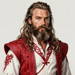 chris pratt, red and white clothes, long beard, intricate, highly detailed, artstation, sharp focus, illustration, jurgens, aleksi briclot, rutkowski, bouguereau, mucha