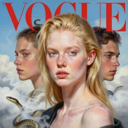 3 d, sci - fi, close - up, blonde fashion model with pigment condition vitiligo, cinematic, clouds, steam, snakes background, vogue cover style, poster art, bright mood, realistic painting, intricate oil painting, high detail illustration, figurative art, multiple exposure, poster art, by tooth wu and wlop and beeple and greg rutkowski