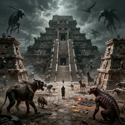 extinct animals in an aztec city, nightmare, hell, photograph, wild, highly detailed vfx, cinematic