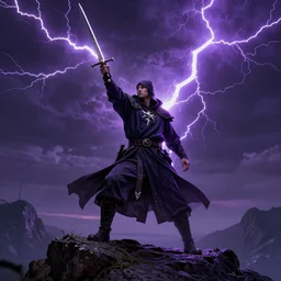hyper realistic wizard holding a sword that’s pointed towards the sky, getting shocked by purple lightning, standing on a mountaintop, octane, trending on artstation, hyper realistic, highly detailed, amazing depth of field, 8k