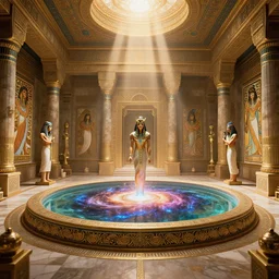 fantasy movie scene andreas rocha and canaletto and alfons mucha detailed digital art of ornate and royal egyptian antechamber tomb, cleopatra in a circular pool with an erupting galaxy, epic atmosphere, sharp sunray lighting, cinematic lighting, fine details, 4 k, unreal engine, hyperrealism, cinematic composition, blender render, realistic, detailed textures, very wide shot