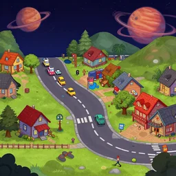 on main street in a small colony on a remote planet, from a space themed point and click 2 d graphic adventure game, art inspired by marvel and thomas kinkade