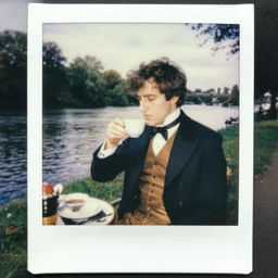 a victorian gentleman drinking tea next to a river, eighties polaroid, flash photography, photorealistic,