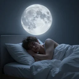 young man waking up and having a bad morning!! moon night, light effect. medium long shot. grey blue. octane render, ultra clear detailed!! digital art by stanley artgerm lau, greg rutkowski, thomas kindkade, alphonse mucha