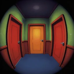 dimly lit, theater access corridor background, 3 doors, day of the tentacle style, fish eye, by Peter Chan and Scott Campbell, by studio trigger, rossdraws, ambient occlusion, clean lineart and color, vibrant