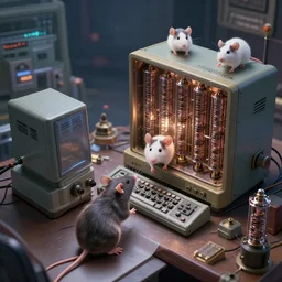 epic professional digital art of lab mice operating an old fashioned vacuum tube computer, well composed, digital art, best on artstation, cgsociety, wlop, cosmic, epic, stunning, gorgeous, much detail, much wow, masterpiece