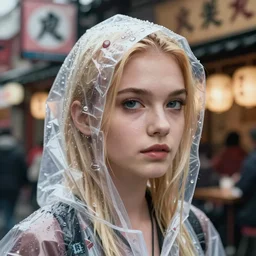 Kodak Portra 400, 8K, highly detailed, wachowski seinen manga 3/4 extreme closeup portrait, clear eyes, focus on clear transparent raincoat blonde model, tilt shift zaha hadid style izikaya anime background: famous blade runner anime remake, tokyo izakaya scene