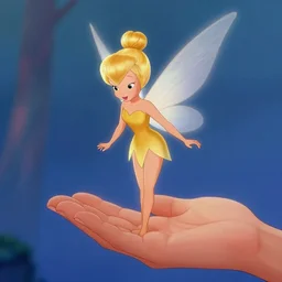 tinkerbell landing on a hand, golden dress, disney movie ( 1 9 8 9 )