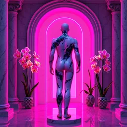 “ a beautiful mannequin made of marble printed in 3 d geometric neon kintsugi!!, facing a giant doorway opening with a neon pink light, flowering iridescent pineapples + orchids, inside a room with marble columns, transcendent, vibrant color, clean linework, finely detailed, 4 k, trending on artstation, photorealistic, volumetric lighting, octane render ”