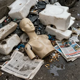 lumpy dirty styrofoam garbage dump next to a broken mannequin, sigarette buds, wet newspaper, magazines, dirty water puddle, 8k