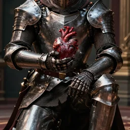 film still of closeup a one knight stands on knee with a bloody heart in his hand by emmanuel lubezki