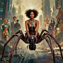 realistic detailed portrait movie shot of a beautiful black woman riding a giant spider, dystopian city landscape background by denis villeneuve, amano, yves tanguy, alphonse mucha, max ernst, ernst haeckel, kehinde wiley, caravaggio, david lynch, roger dean, cyber necklace, rich moody colours, sci fi patterns, dramatic, wide angle