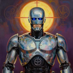 portrait of robocop by mandy jurgens, cartoon, oil painting, visionary art, symmetric, magick symbols, holy halo, dramatic ambient lighting, high detail, vibrant colors,