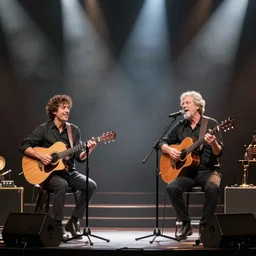 Carlos Valdes and Frank Dillane playing guitar and singing on a stage