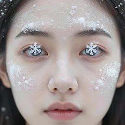 realistic photo of a face of very beautiful girl white fluffy hairy fur face, symmetrical, skin is made of white fluffy hairs, eyes made of snowflakes, close up 1 9 9 0, life magazine reportage photo, natural colors