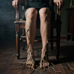 a closeup vintage photograph of a woman sitting in a wooden chair facing the camera with gnarled tree roots for her legs that grow into the floor. legs are roots. dark room, cinematic, smoke, dark, moody, smokey dramatic lighting