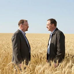walter white and gustavo fring facing each other in a wheat field, long shot, side view, 3 5 mm photograph, 8 k resolution, wide shot, sharp lens