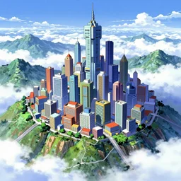 futuristic city on a mountainside, colorful city, megacity, clouds on mountain, buildings on mountainside, cel - shading, cel - shaded, 2 0 0 1 anime, bright sunshine