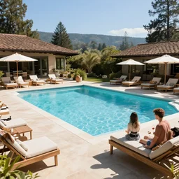 vacation in solage calistoga, pool, sunny, wine, beautiful people, ultra detailed, realistic
