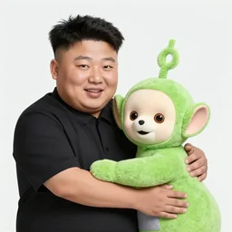 kim jong - un hugging a teletubby