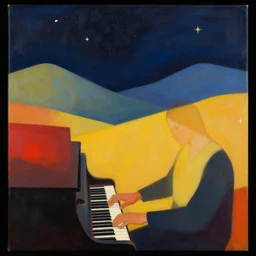 playing the piano, the striking night sky and stars, simple elegant mountains on a beautiful sky, an abstract set of large shapes, colorful, warm contrasting colors, painterly, detailed painting of a landscape, extremely high detail, brush strokes, top view, black background, illustration by ross tran and leonardo da vinci